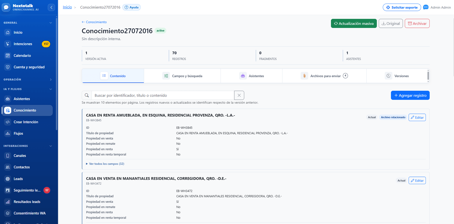Pantalla real de Nextotalk para crear una intención y definir datos requeridos.